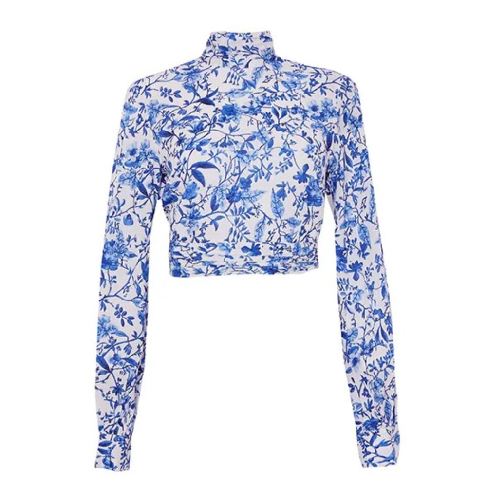 High Neck Open-Back Blue & White Toile Tie- Neck Top